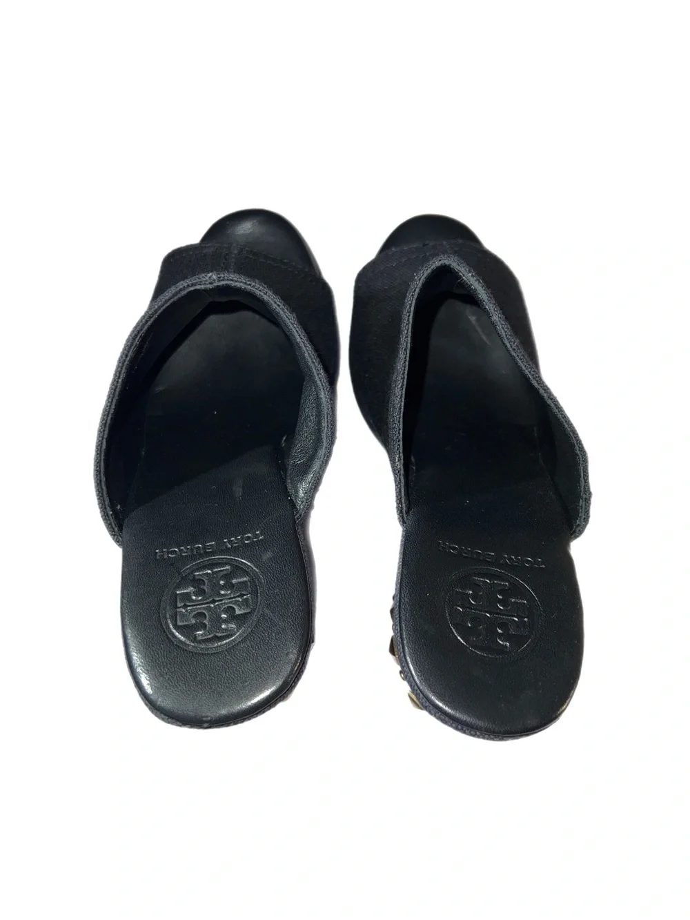 EUC Tory Burch Canvas Meredith Studded Peep-Toe Wedges  Black gold size 7